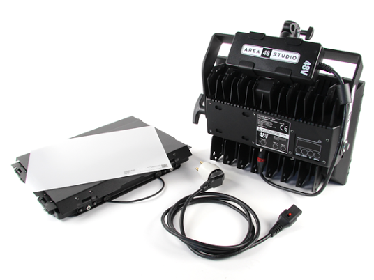 AREA 48 Studio Kit (black), Curved yoke, Detachable Barndoors - Incl. 48 volt PSU mounted on unit, locking IEC , TVMP and chroma blue media
